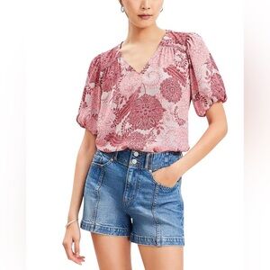 LOFT Coral Floral Print Bubble Sleeve Top Blouse XL